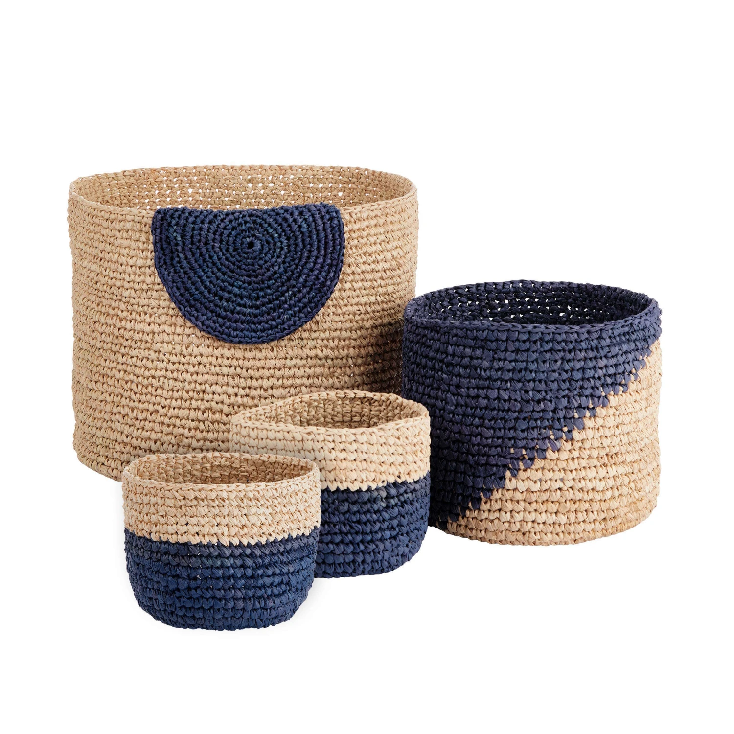 4-tlg. Korbset Handgefertigt Aus Raffia ISALO In Natur-Blau 1 4-tlg. Korbset Handgefertigt Aus Raffia ISALO In Natur-Blau